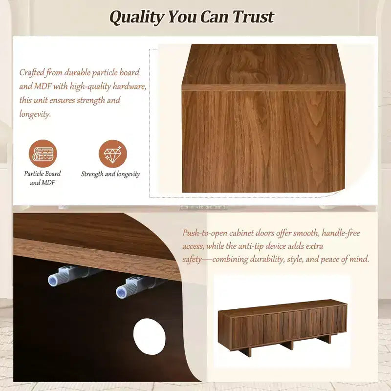 Meuble TV 70 pouces pour téléviseurs jusqu'à 75 pouces, meuble TV style rétro en bois avec portes ondulées, console multimédia avec rangement spacieux à double placard