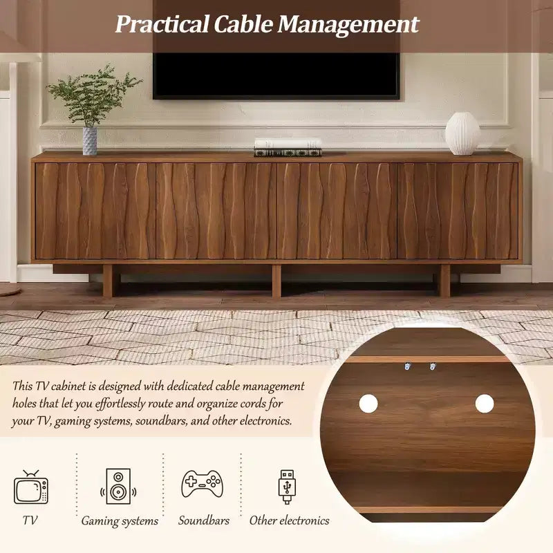 Meuble TV 70 pouces pour téléviseurs jusqu'à 75 pouces, meuble TV style rétro en bois avec portes ondulées, console multimédia avec rangement spacieux à double placard