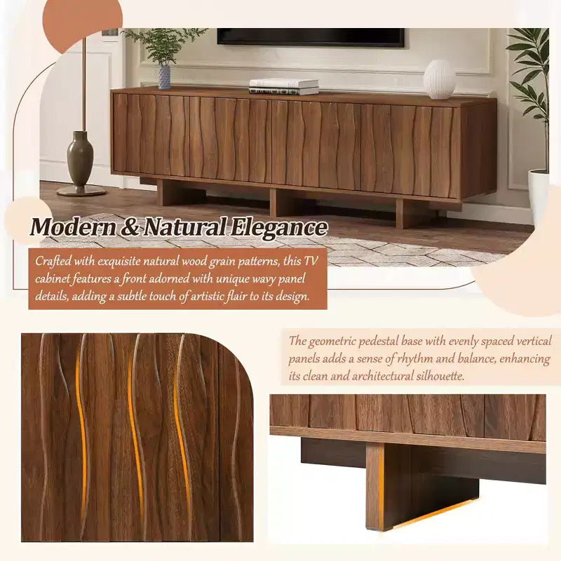 Meuble TV 70 pouces pour téléviseurs jusqu'à 75 pouces, meuble TV style rétro en bois avec portes ondulées, console multimédia avec rangement spacieux à double placard