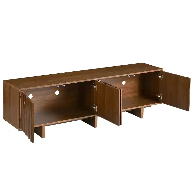 Meuble TV 70 pouces pour téléviseurs jusqu'à 75 pouces, meuble TV style rétro en bois avec portes ondulées, console multimédia avec rangement spacieux à double placard