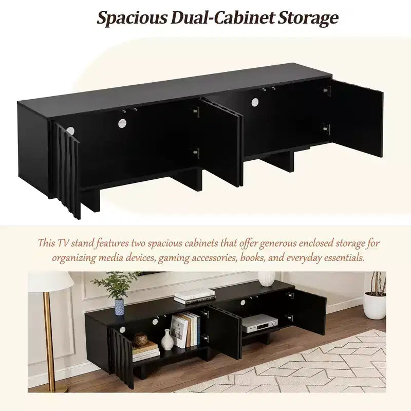 Meuble TV 70 pouces pour téléviseurs jusqu'à 75 pouces, meuble TV style rétro en bois avec portes ondulées, console multimédia avec rangement spacieux à double placard