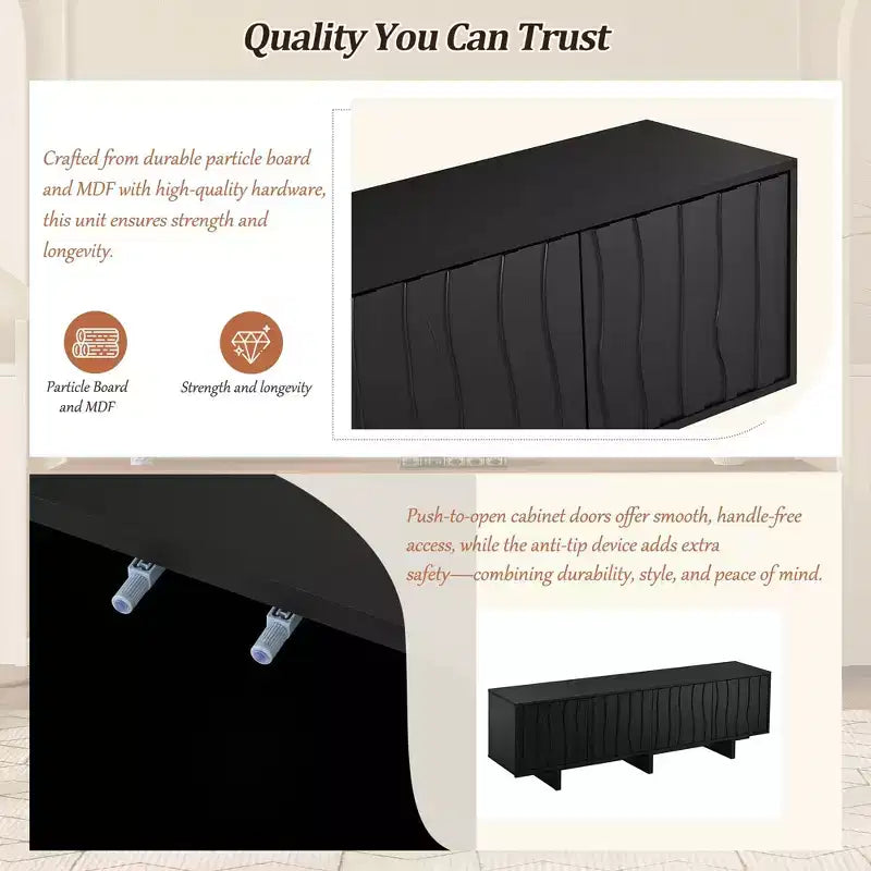 Meuble TV 70 pouces pour téléviseurs jusqu'à 75 pouces, meuble TV style rétro en bois avec portes ondulées, console multimédia avec rangement spacieux à double placard