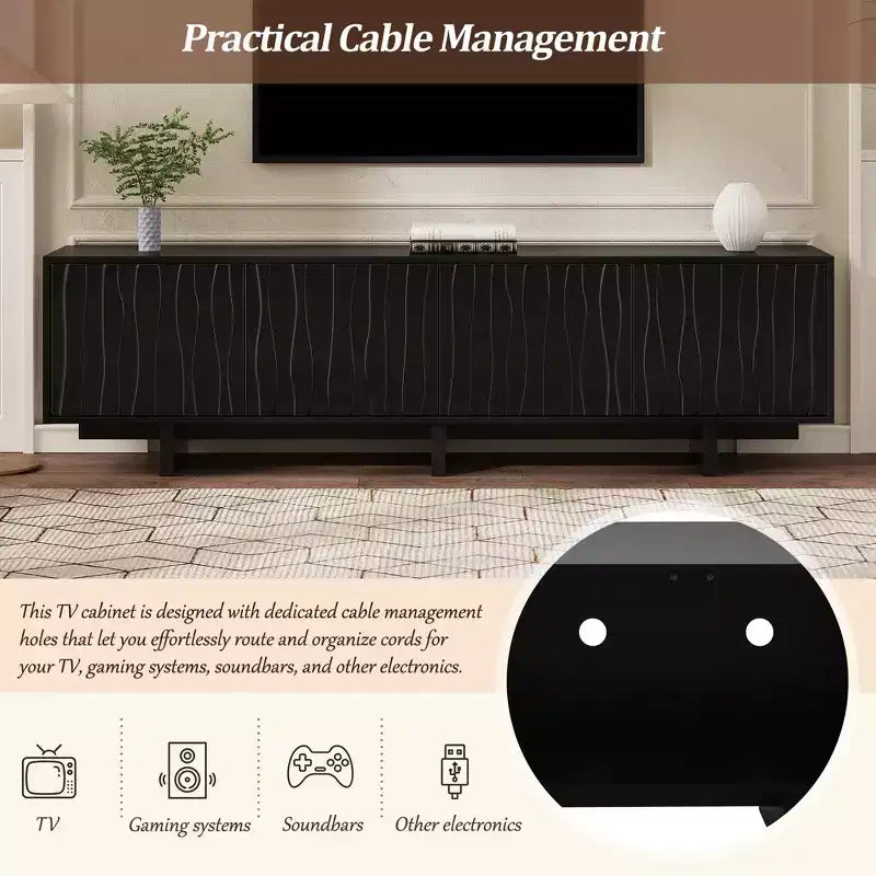 Meuble TV 70 pouces pour téléviseurs jusqu'à 75 pouces, meuble TV style rétro en bois avec portes ondulées, console multimédia avec rangement spacieux à double placard