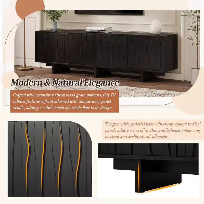 Meuble TV 70 pouces pour téléviseurs jusqu'à 75 pouces, meuble TV style rétro en bois avec portes ondulées, console multimédia avec rangement spacieux à double placard