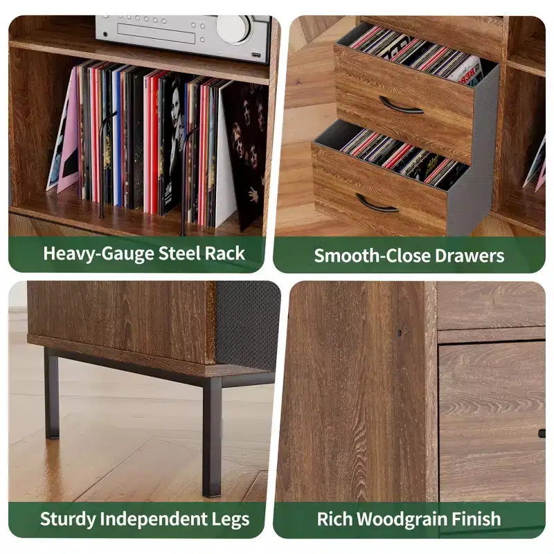 JVNOXK Medieval Modern Style Record Rack with Drawers Combined storage functionality, holds over 500 albums Sturdy wood and metal audio cabinet