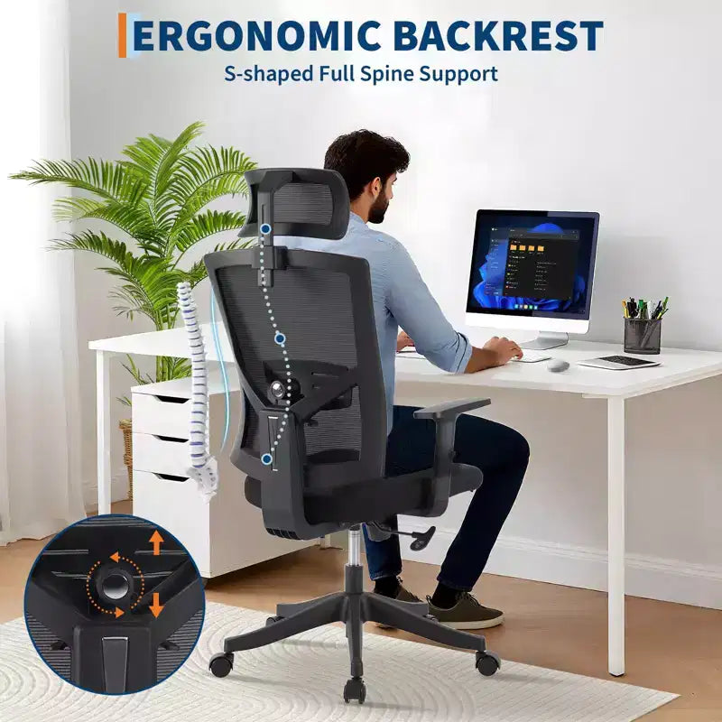 Fauteuil de bureau ergonomique Acekool en maille noire avec support réglable pour la maison et le bureau