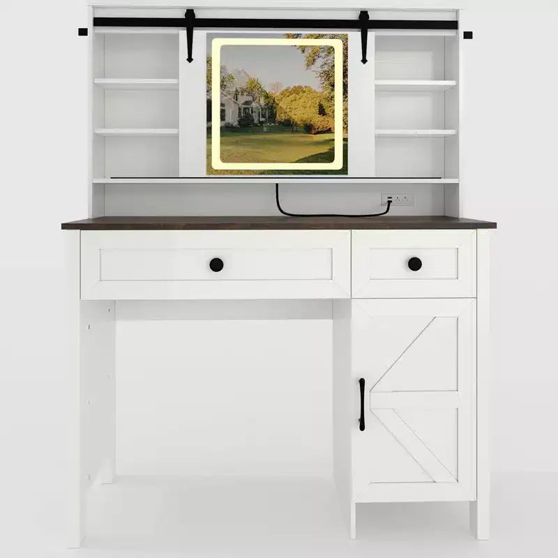 Vanity Desk with LED Lighted Mirror and Power Outlet, Makeup Table with 3 Drawers and Cabinet, Dressing Table with Shelves for Bedroom, White
