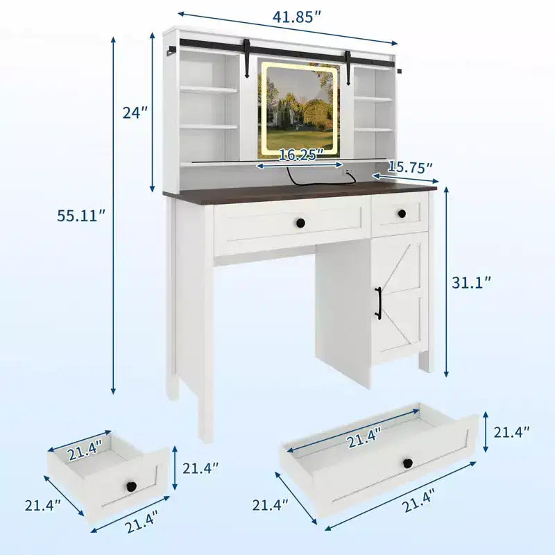 Coiffeuse avec miroir lumineux LED et prise de courant, table de maquillage avec 3 tiroirs et placard, coiffeuse avec étagères pour chambre à coucher, blanc