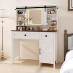 Coiffeuse avec miroir lumineux LED et prise de courant, table de maquillage avec 3 tiroirs et placard, coiffeuse avec étagères pour chambre à coucher, blanc