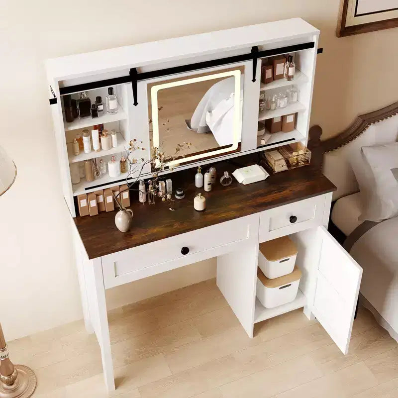 Coiffeuse avec miroir lumineux LED et prise de courant, table de maquillage avec 3 tiroirs et placard, coiffeuse avec étagères pour chambre à coucher, blanc