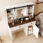 Coiffeuse avec miroir lumineux LED et prise de courant, table de maquillage avec 3 tiroirs et placard, coiffeuse avec étagères pour chambre à coucher, blanc