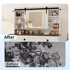 Coiffeuse avec miroir lumineux LED et prise de courant, table de maquillage avec 3 tiroirs et placard, coiffeuse avec étagères pour chambre à coucher, blanc