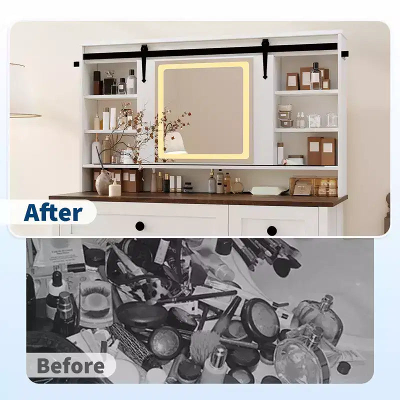 Coiffeuse avec miroir lumineux LED et prise de courant, table de maquillage avec 3 tiroirs et placard, coiffeuse avec étagères pour chambre à coucher, blanc