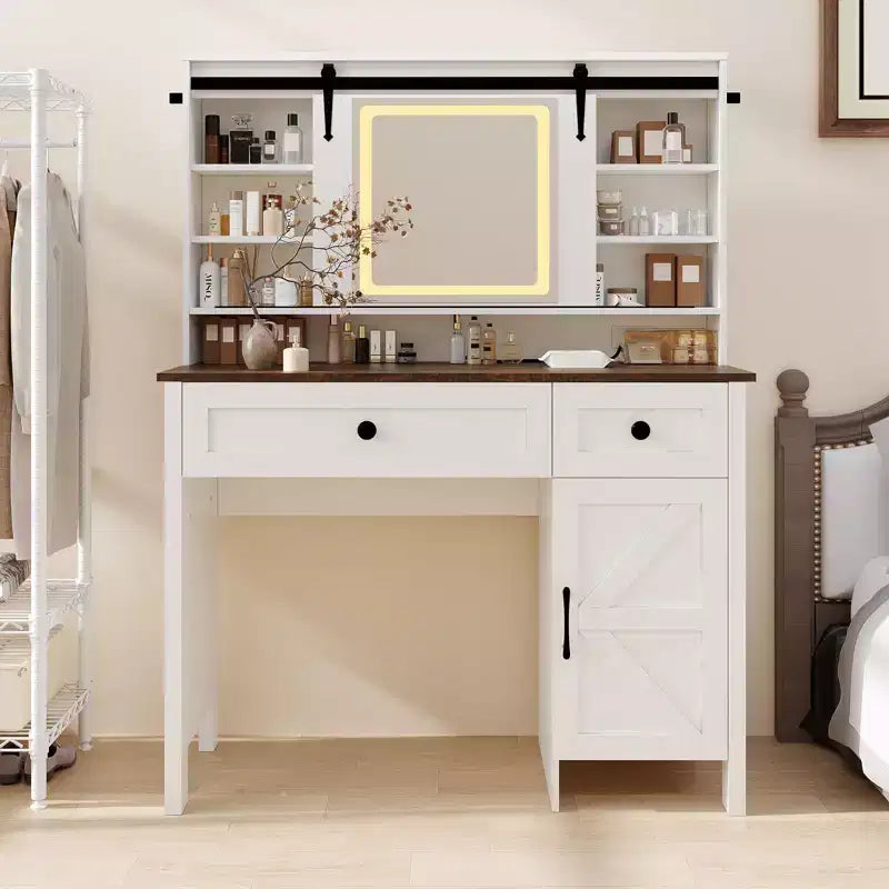 Coiffeuse avec miroir lumineux LED et prise de courant, table de maquillage avec 3 tiroirs et placard, coiffeuse avec étagères pour chambre à coucher, blanc