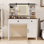Coiffeuse avec miroir lumineux LED et prise de courant, table de maquillage avec 3 tiroirs et placard, coiffeuse avec étagères pour chambre à coucher, blanc