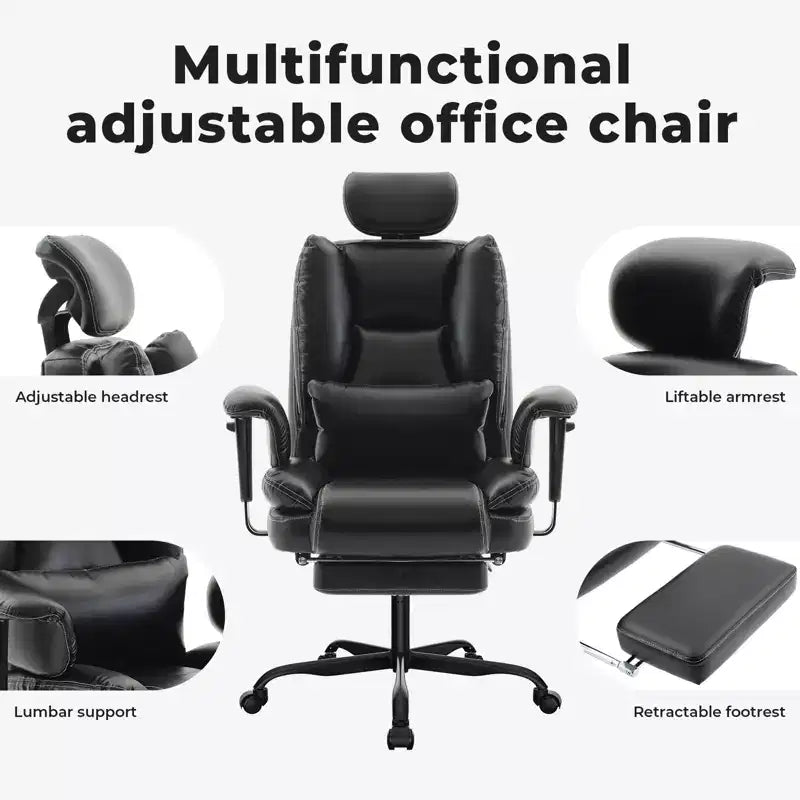 Chaise de bureau ergonomique 200 kg en cuir PU, fauteuil d'ordinateur avec soutien lombaire et dossier haut, chaise de bureau ergonomique avec appui-tête relevable, noir