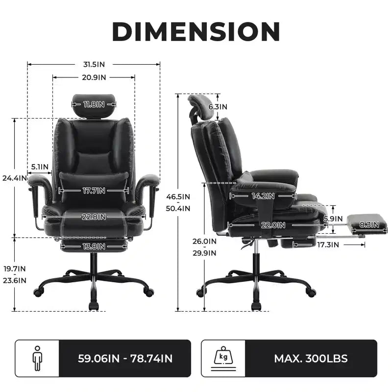 Chaise de bureau ergonomique 200 kg en cuir PU, fauteuil d'ordinateur avec soutien lombaire et dossier haut, chaise de bureau ergonomique avec appui-tête relevable, noir