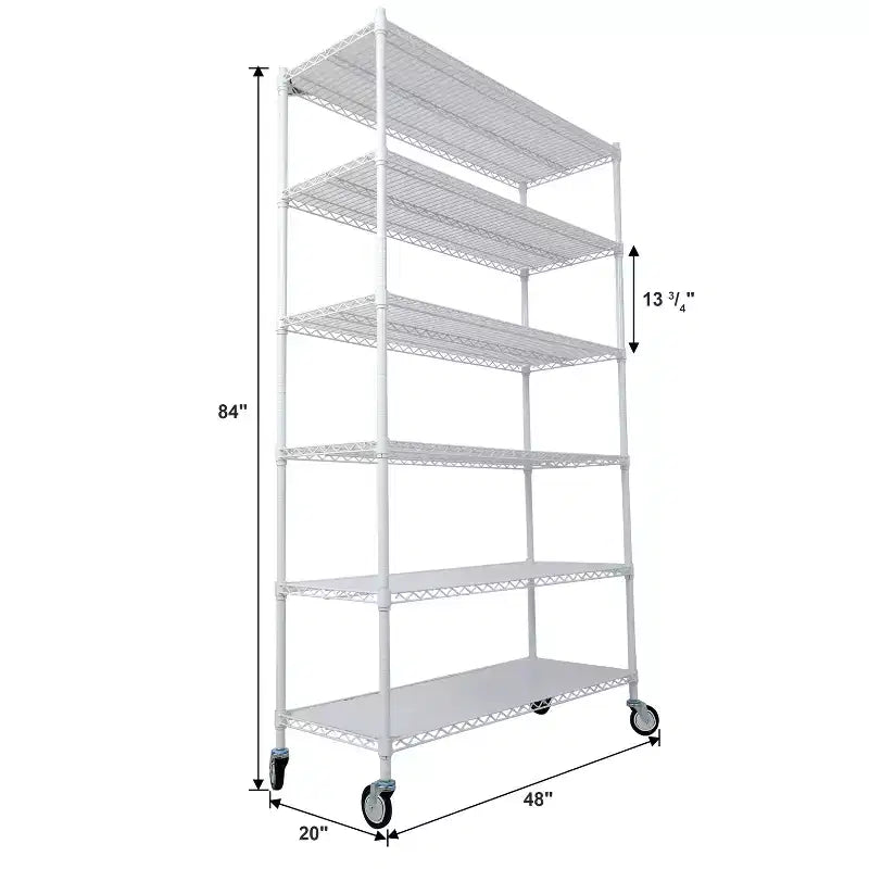 Étagère métallique VIYET à 6 niveaux 6000 lb, homologuée NSF, pour charges lourdes, avec roulettes et tapis d'étagères (Blanc)
