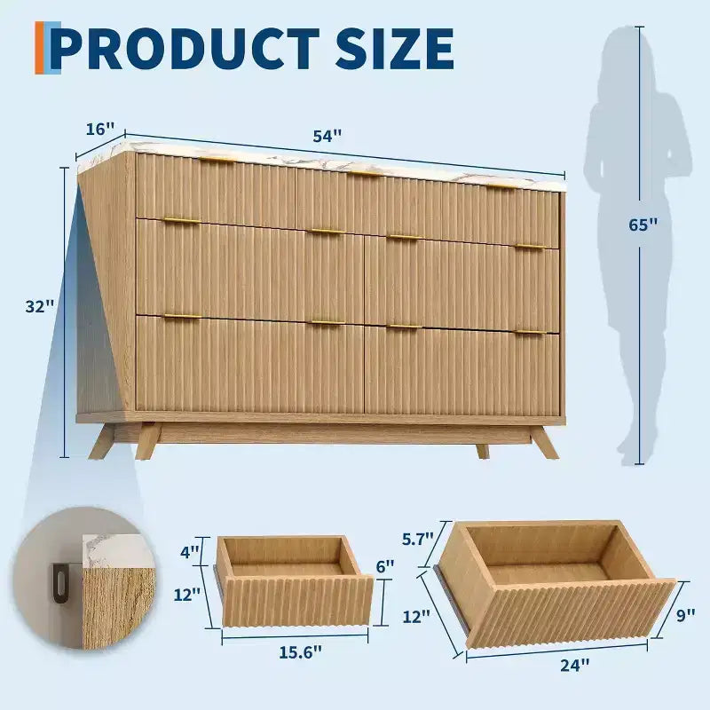 Commode à 7 tiroirs cannelée pour chambre à coucher, commode moderne de 137 cm de large, design profilé incurvé, meuble de rangement en bois pour salon, couloir