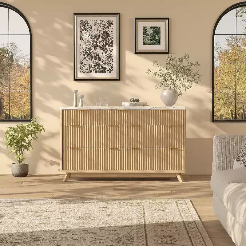 Commode à 7 tiroirs cannelée pour chambre à coucher, commode moderne de 137 cm de large, design profilé incurvé, meuble de rangement en bois pour salon, couloir