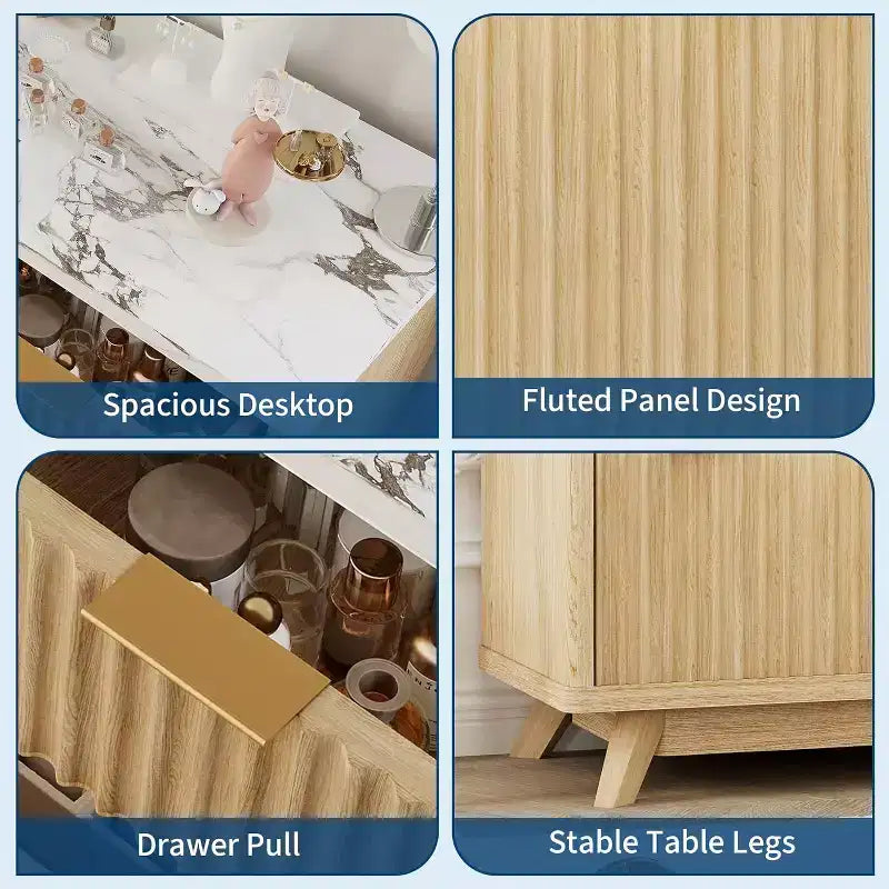 Commode à 7 tiroirs cannelée pour chambre à coucher, commode moderne de 137 cm de large, design profilé incurvé, meuble de rangement en bois pour salon, couloir