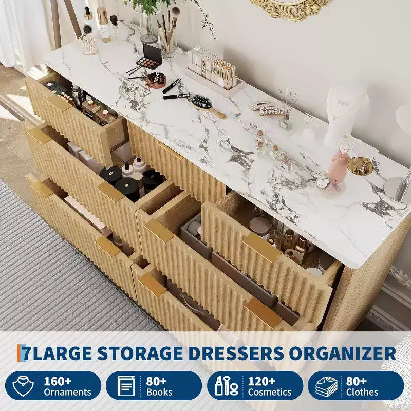Commode à 7 tiroirs cannelée pour chambre à coucher, commode moderne de 137 cm de large, design profilé incurvé, meuble de rangement en bois pour salon, couloir