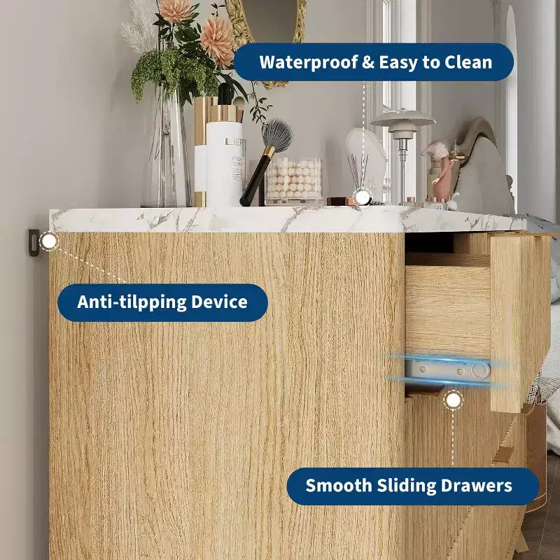 Commode à 7 tiroirs cannelée pour chambre à coucher, commode moderne de 137 cm de large, design profilé incurvé, meuble de rangement en bois pour salon, couloir