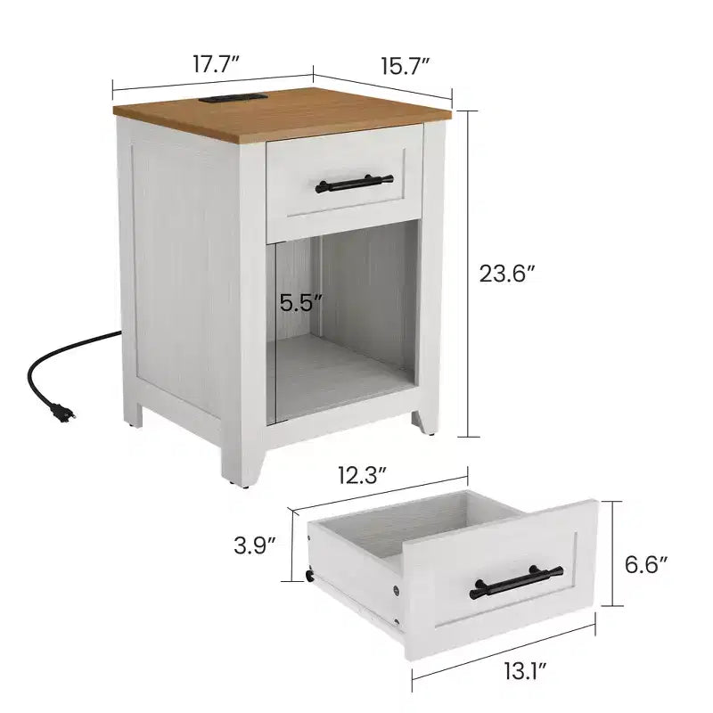 2 Tables de chevet de ferme avec station de charge, 2 tiroirs et étagère ouverte, ports USB/Type-C/prises CA, table d'appoint pour chambre à coucher, salon