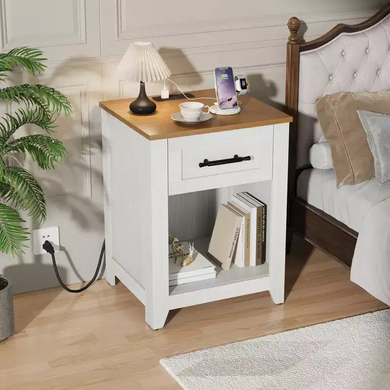 2 Tables de chevet de ferme avec station de charge, 2 tiroirs et étagère ouverte, ports USB/Type-C/prises CA, table d'appoint pour chambre à coucher, salon