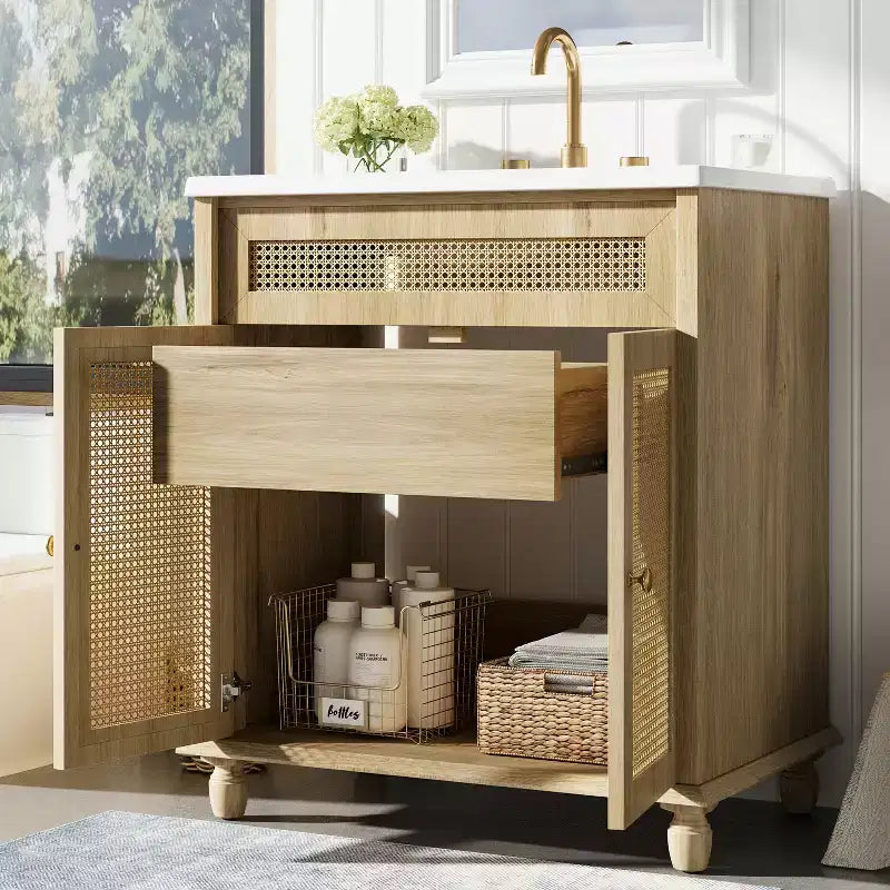 Table basse ronde de rangement rainurée JVNOXK de 31,8 pouces, en bois de pin massif, portes coulissantes, compartiments intérieurs spacieux, durable, finition noyer
