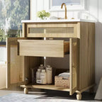Table basse ronde de rangement rainurée JVNOXK de 31,8 pouces, en bois de pin massif, portes coulissantes, compartiments intérieurs spacieux, durable, finition noyer