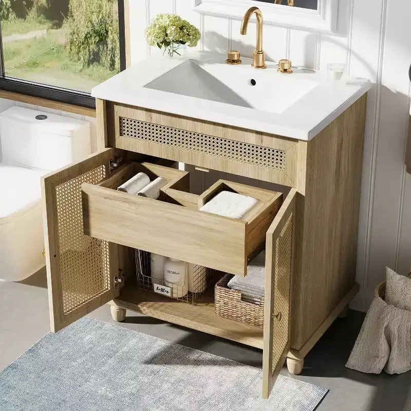 Table basse ronde de rangement rainurée JVNOXK de 31,8 pouces, en bois de pin massif, portes coulissantes, compartiments intérieurs spacieux, durable, finition noyer