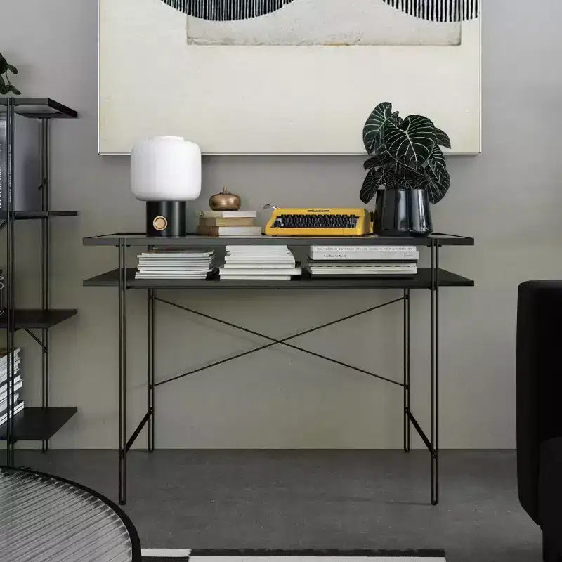 TUYOHW 43.3 Computer Desk,Laminated Engineered Wood Office Desk with Open Shelf,Fluted Glass Desktop,Writing Desk for Home Office,Small Spaces,Black