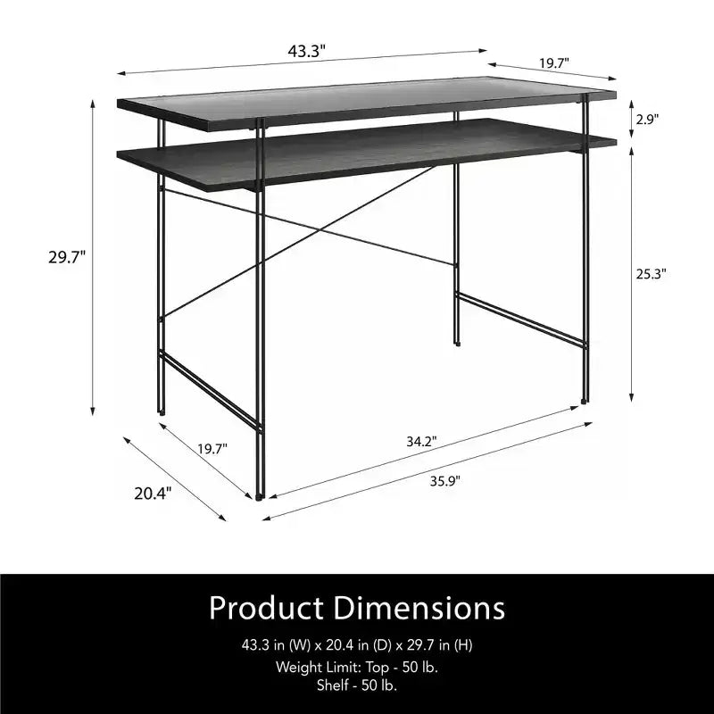 TUYOHW 43.3 Bureau informatique, bureau en bois d'ingénierie laminé avec étagère ouverte, plateau en verre cannelé, bureau d'écriture pour bureau à domicile, petits espaces, noir