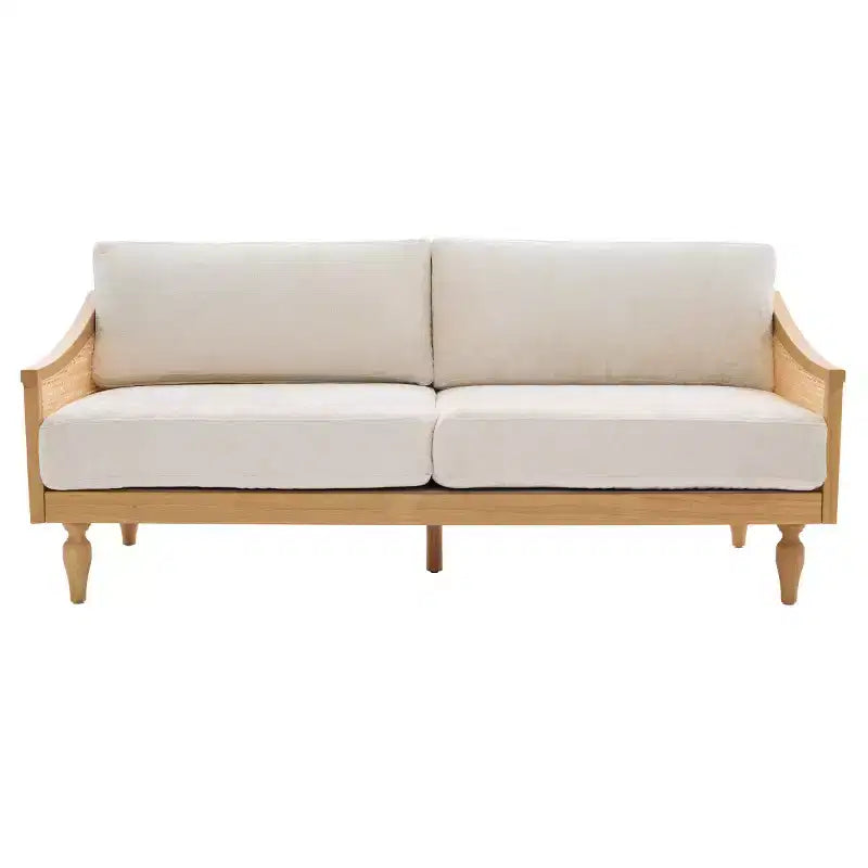 Canapé causeuse du milieu du siècle avec revêtement doux, accoudoirs en rotin et pieds en bois, canapé 2 places pour salon, chambre ou appartement - Panipeachy
