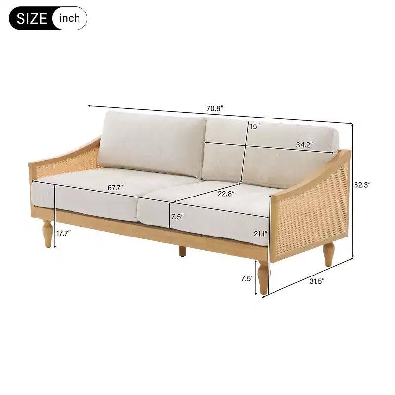 Canapé causeuse du milieu du siècle avec revêtement doux, accoudoirs en rotin et pieds en bois, canapé 2 places pour salon, chambre ou appartement - Panipeachy