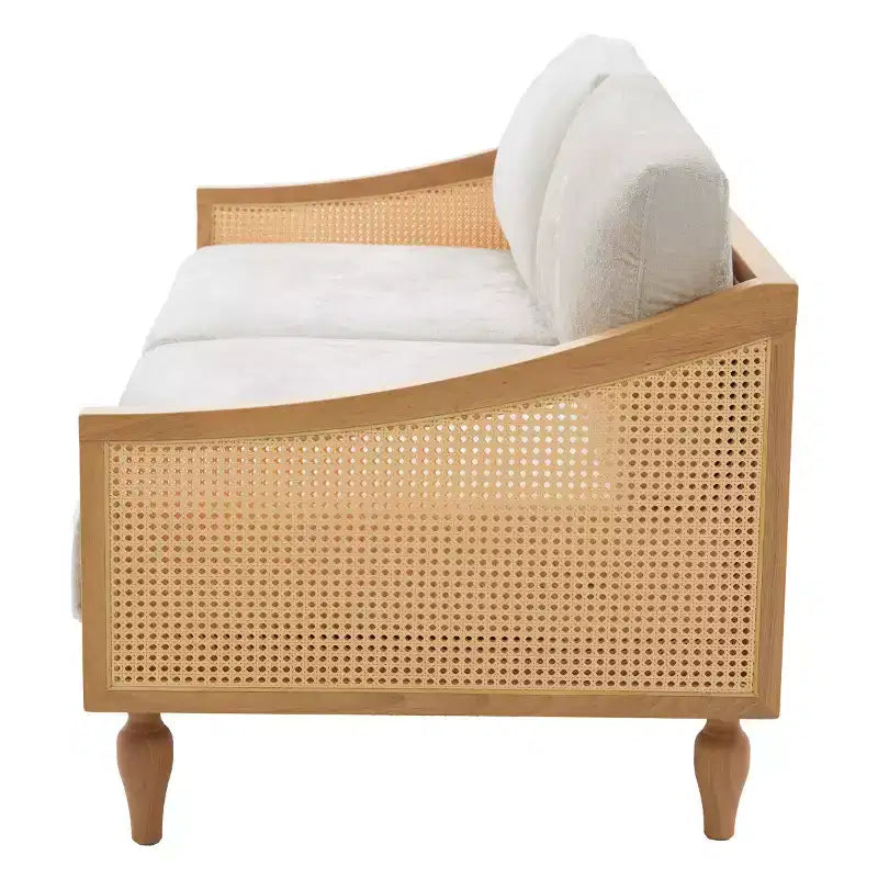 Canapé causeuse du milieu du siècle avec revêtement doux, accoudoirs en rotin et pieds en bois, canapé 2 places pour salon, chambre ou appartement - Panipeachy