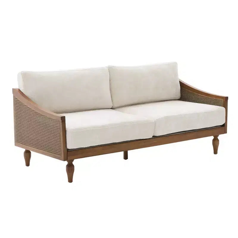 Canapé causeuse du milieu du siècle avec revêtement doux, accoudoirs en rotin et pieds en bois, canapé 2 places pour salon, chambre ou appartement - Panipeachy