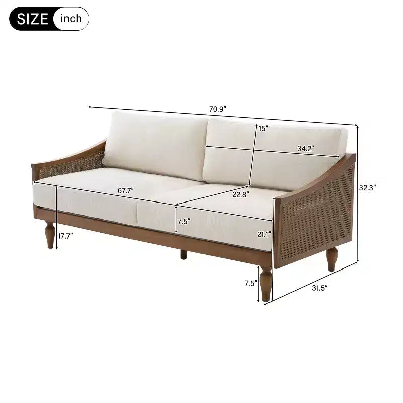 Canapé causeuse du milieu du siècle avec revêtement doux, accoudoirs en rotin et pieds en bois, canapé 2 places pour salon, chambre ou appartement - Panipeachy