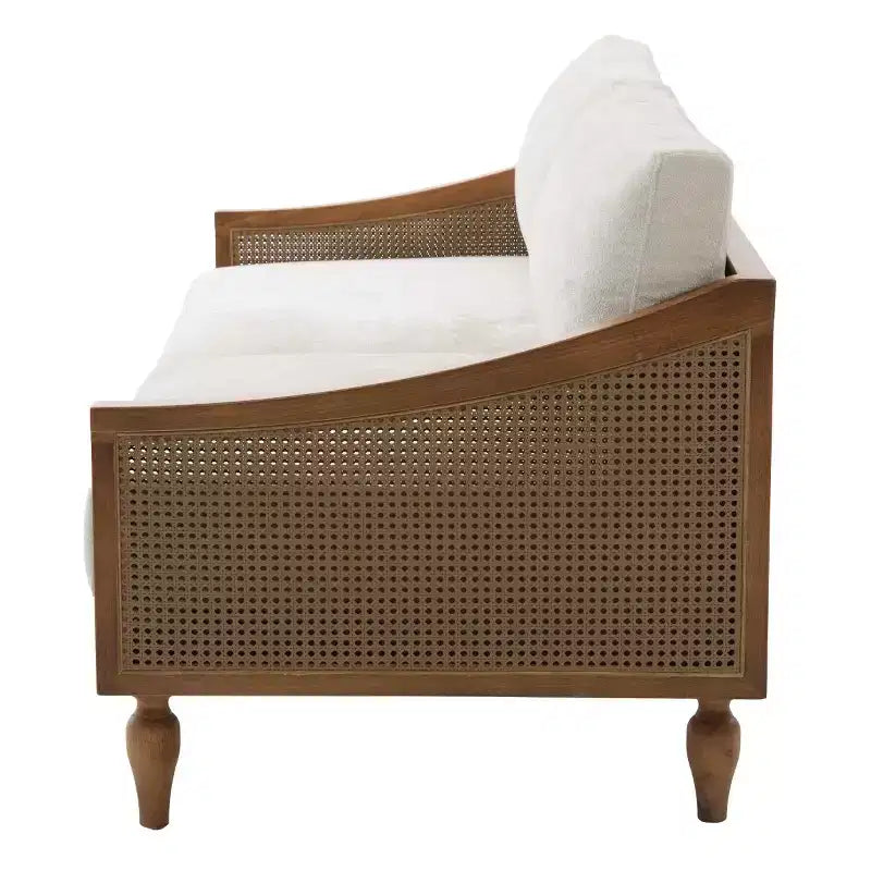 Canapé causeuse du milieu du siècle avec revêtement doux, accoudoirs en rotin et pieds en bois, canapé 2 places pour salon, chambre ou appartement - Panipeachy