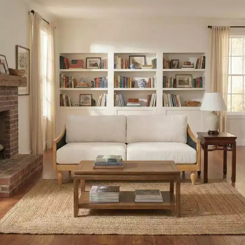 Canapé causeuse du milieu du siècle avec revêtement doux, accoudoirs en rotin et pieds en bois, canapé 2 places pour salon, chambre ou appartement - Panipeachy