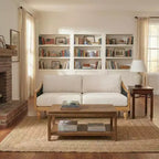 Canapé causeuse du milieu du siècle avec revêtement doux, accoudoirs en rotin et pieds en bois, canapé 2 places pour salon, chambre ou appartement - Panipeachy