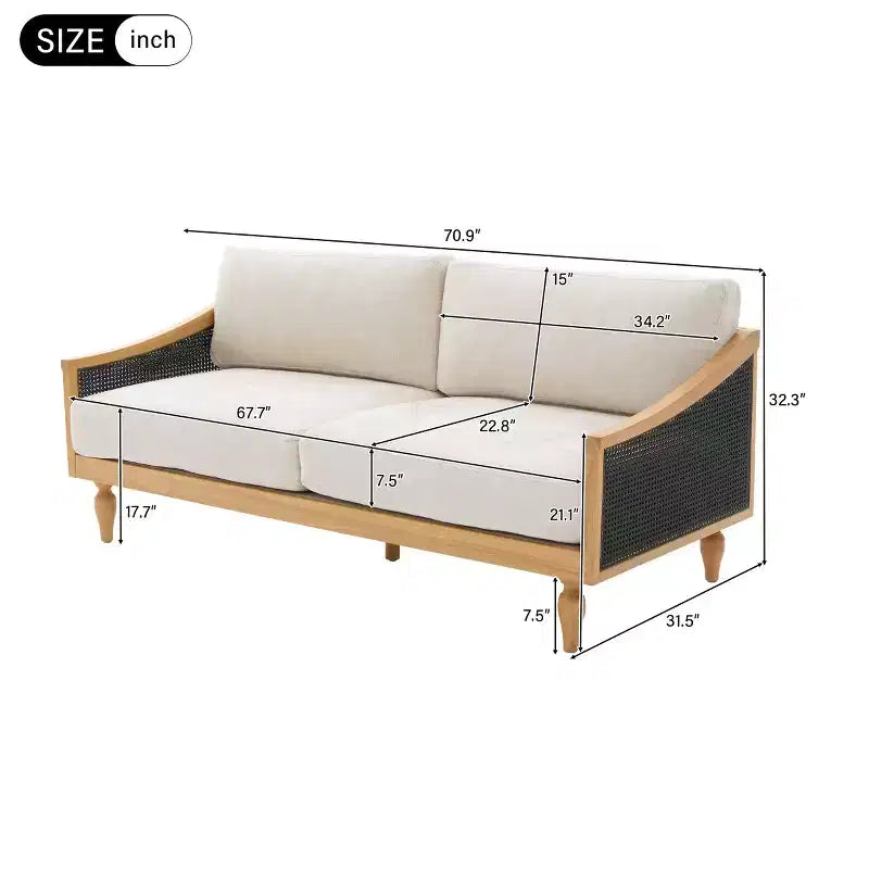 Canapé causeuse du milieu du siècle avec revêtement doux, accoudoirs en rotin et pieds en bois, canapé 2 places pour salon, chambre ou appartement - Panipeachy