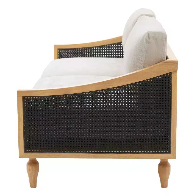 Canapé causeuse du milieu du siècle avec revêtement doux, accoudoirs en rotin et pieds en bois, canapé 2 places pour salon, chambre ou appartement - Panipeachy