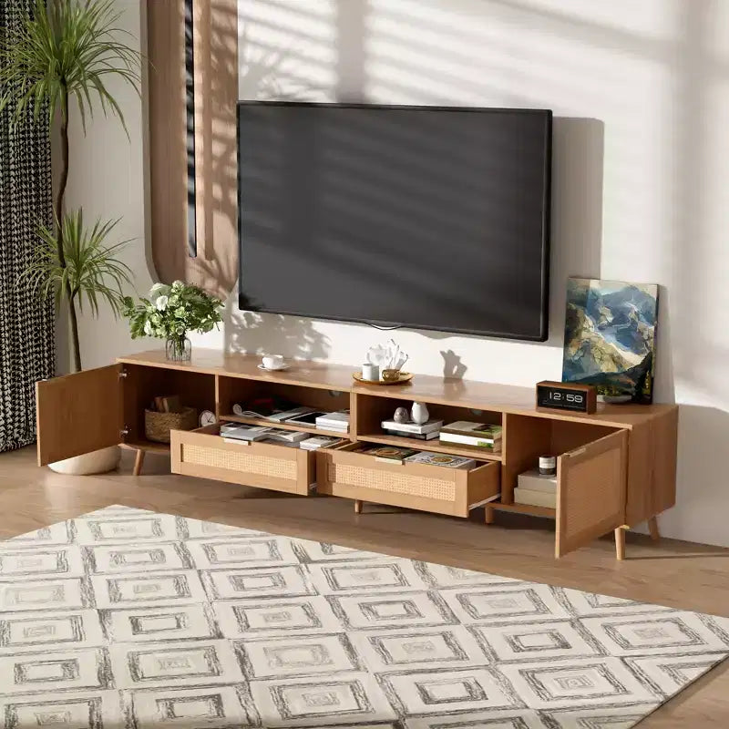 JVNOXK Meuble TV 90 pouces en rotin, style ferme moderne avec pieds en bois massif, adapté au centre de divertissement du salon, meuble multimédia, bois