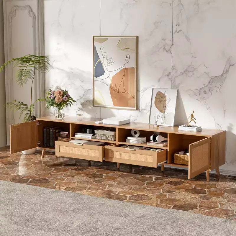 JVNOXK Meuble TV 90 pouces en rotin, style ferme moderne avec pieds en bois massif, adapté au centre de divertissement du salon, meuble multimédia, bois