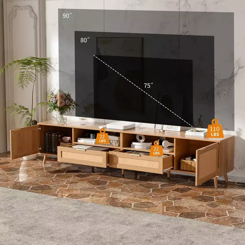JVNOXK Meuble TV 90 pouces en rotin, style ferme moderne avec pieds en bois massif, adapté au centre de divertissement du salon, meuble multimédia, bois