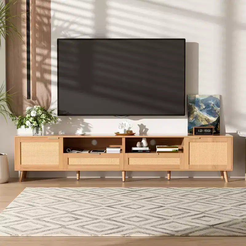 JVNOXK Meuble TV 90 pouces en rotin, style ferme moderne avec pieds en bois massif, adapté au centre de divertissement du salon, meuble multimédia, bois