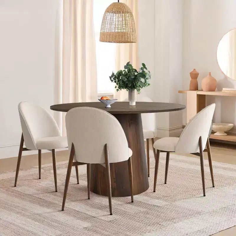 5-Piece Round Dining Set, 46 Walnut-Tone Pedestal Table and Armless Upholstered Chairs, for Breakfast Nooks-Panipeachy