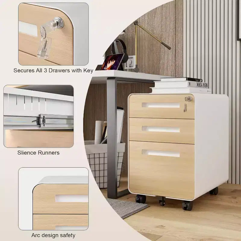 Classeur mobile à 3 tiroirs avec serrure, 5 roulettes anti-basculement pour format A4, Lettre, Légal, sous bureau, entièrement assemblé